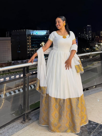 Gold Habesha Kemis – Shimmering Ethiopian Traditional Dress for Women Who Love Cultural Elegance and Modern Sophistication