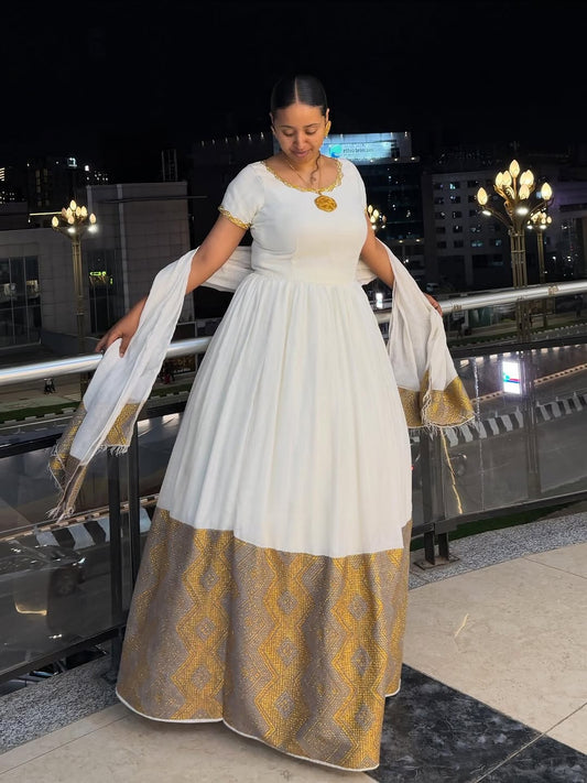 Gold Habesha Kemis – Shimmering Ethiopian Traditional Dress for Women Who Love Cultural Elegance and Modern Sophistication