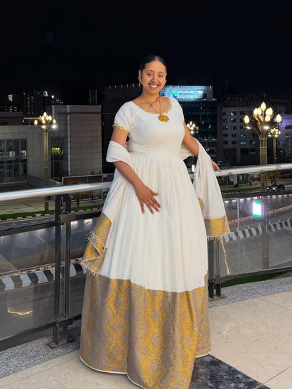 Gold Habesha Kemis – Shimmering Ethiopian Traditional Dress for Women Who Love Cultural Elegance and Modern Sophistication