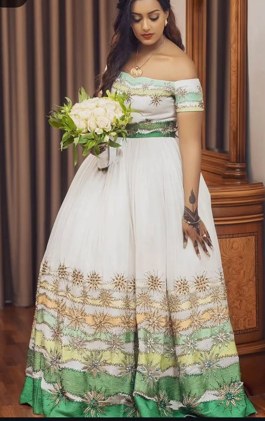 Green Habesha Wedding Dress | Elegant Ethiopian Kemis for Brides