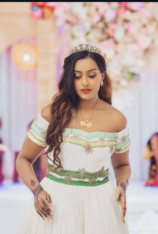 Green Habesha Wedding Dress | Elegant Ethiopian Kemis for Brides