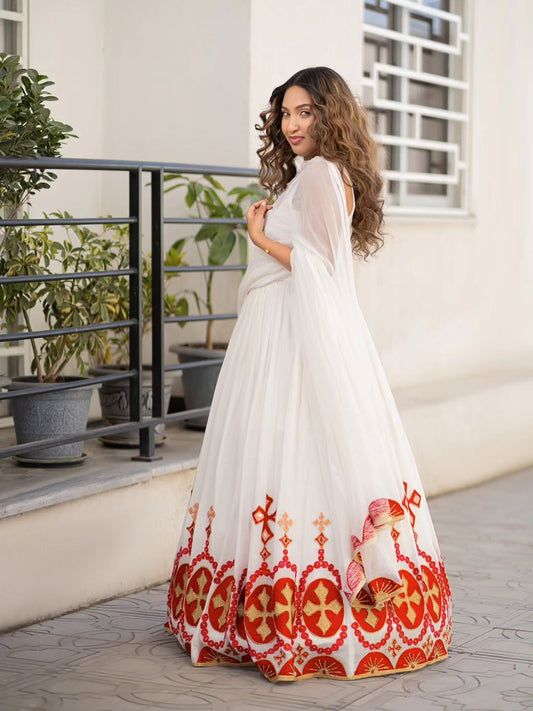 Red Contrast Ethiopian Dress – Modern Bold Look with Matching Netela