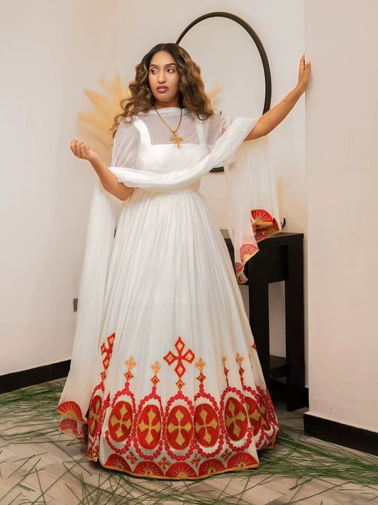 Red Contrast Ethiopian Dress – Modern Bold Look with Matching Netela