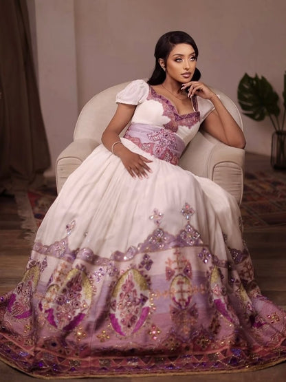 Purple Ethiopian wedding Dress – Gradient Color with Soft Floral Tibeb