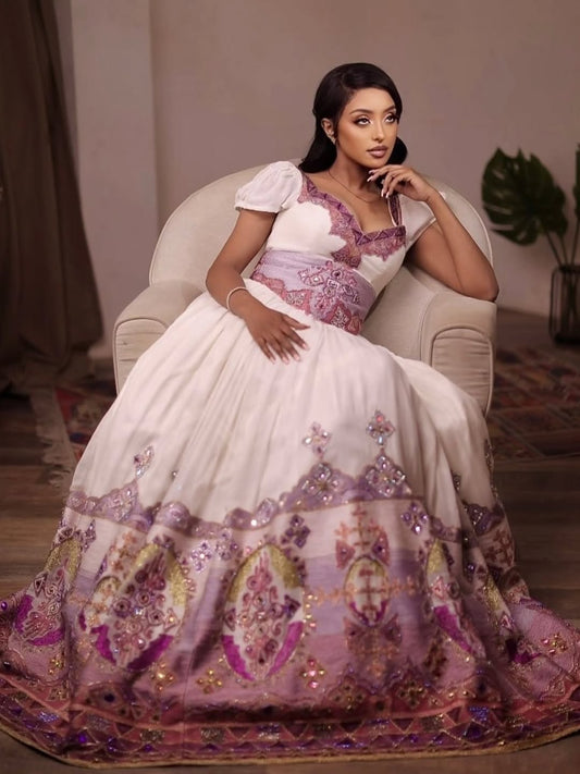 Purple Ethiopian wedding Dress – Gradient Color with Soft Floral Tibeb