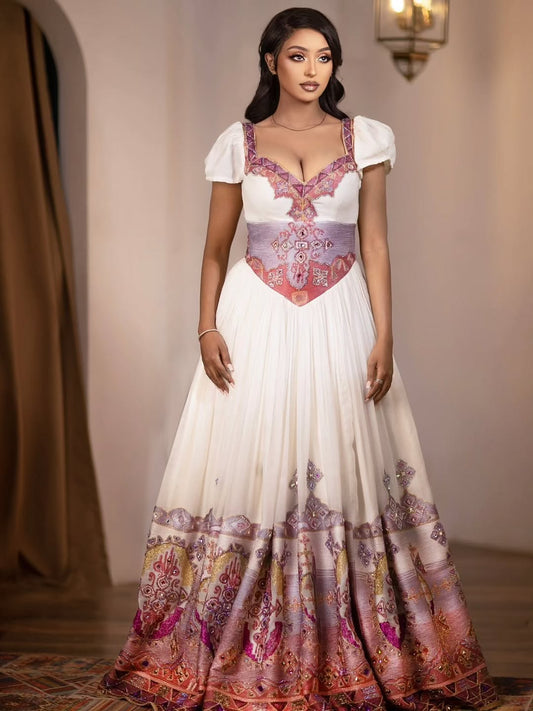 Purple Ethiopian wedding Dress – Gradient Color with Soft Floral Tibeb