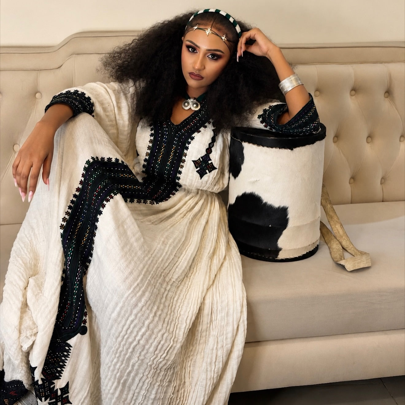 Black Habesha Kemis Handwoven Cotton Gondar Fetil Embroidery for Women