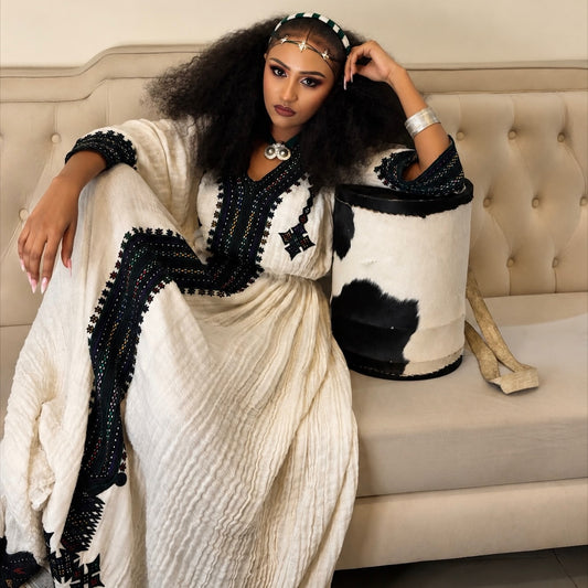 Black Habesha Kemis Handwoven Cotton Gondar Fetil Embroidery for Women