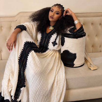 Black Habesha Kemis Handwoven Cotton Gondar Fetil Embroidery for Women