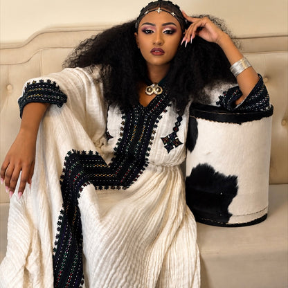 Black Habesha Kemis Handwoven Cotton Gondar Fetil Embroidery for Women