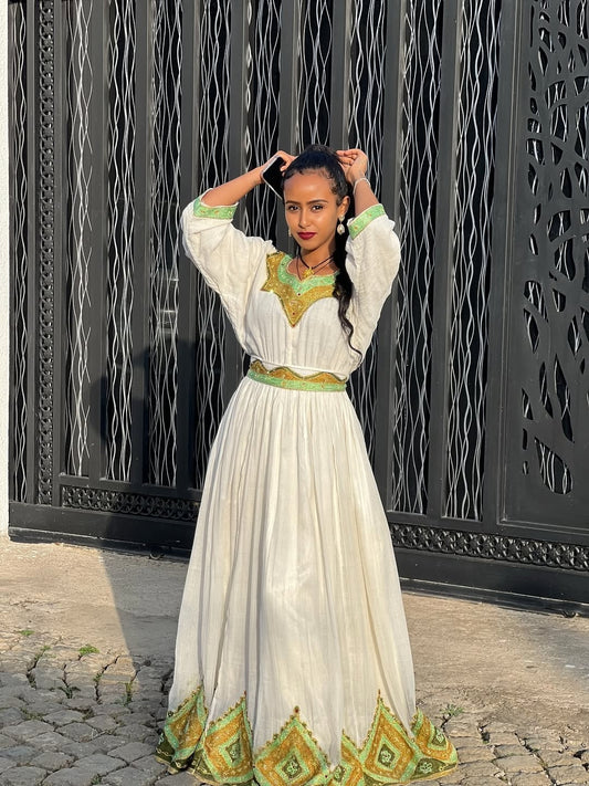 Green Habesha Kemis – Elegant Traditional Ethiopian Dress for Simple Ocassion