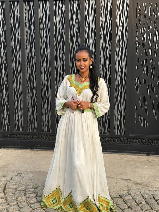 Green Habesha Kemis – Elegant Traditional Ethiopian Dress for Simple Ocassion