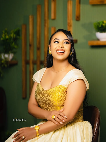 Habesha Kemis Set – Yellow & White two Design Traditional Ethiopian Dress