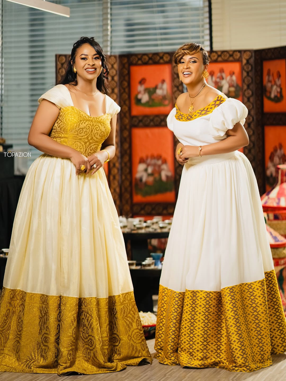 Habesha Kemis Set – Yellow & White two Design Traditional Ethiopian Dress