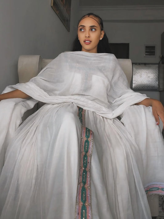 Pink and Green Ethiopian Kemis – Two-Tone Habesha Dress for Cultural Events and Celebrations