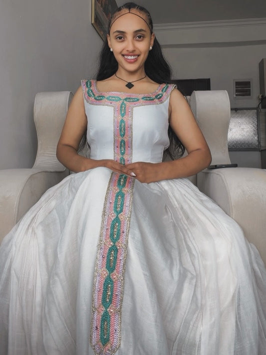 Pink and Green Ethiopian Kemis – Two-Tone Habesha Dress for Cultural Events and Celebrations