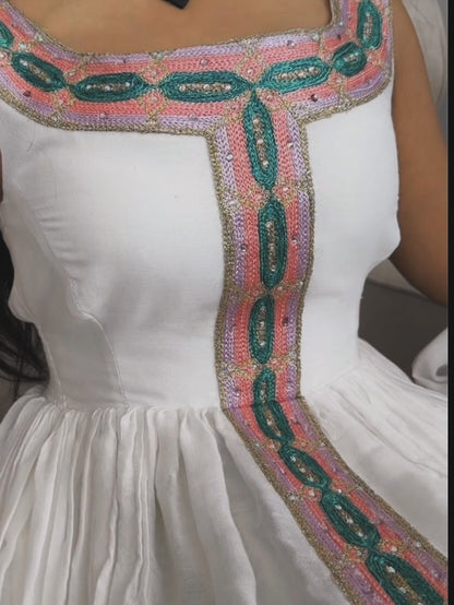 Pink and Green Ethiopian Kemis – Two-Tone Habesha Dress for Cultural Events and Celebrations