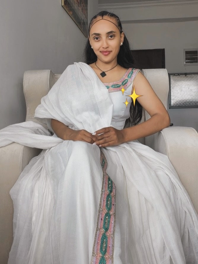 Pink and Green Ethiopian Kemis – Two-Tone Habesha Dress for Cultural Events and Celebrations