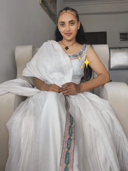 Pink and Green Ethiopian Kemis – Two-Tone Habesha Dress for Cultural Events and Celebrations