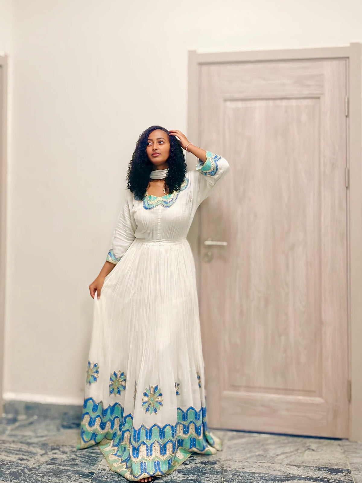 Blue Habesha Kemis Handwoven Cotton Wide Tibeb for Brides