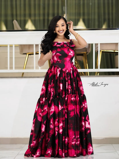 Pink Habesha Chiffon – New Design Ethiopian Silk Chiffon Dress with Fl – Habesha Outlets