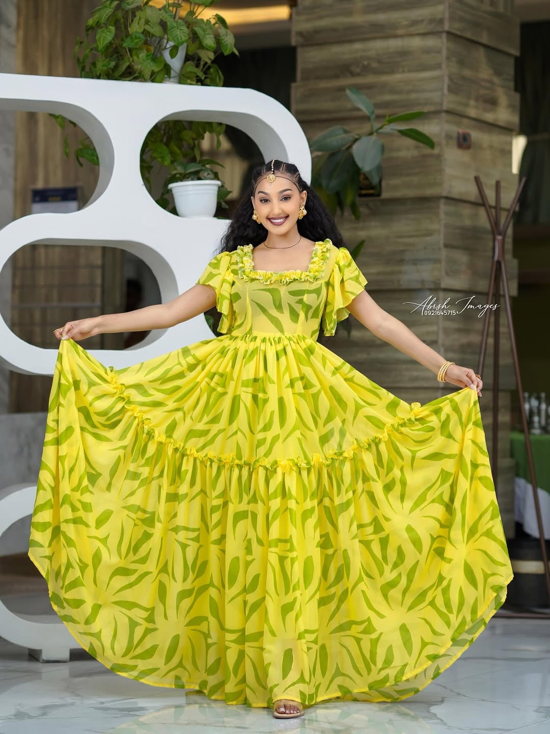 Green Habesha Chiffon – Flowing Lightweight Ethiopian Dress with Soft Draping for Weddings, Garden Celebrations, and Daytime Events
