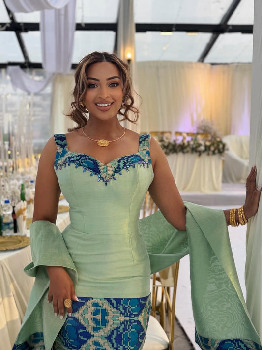 Blue habesha kemis – Ethiopian traditional Dress with mermaid style for Galas