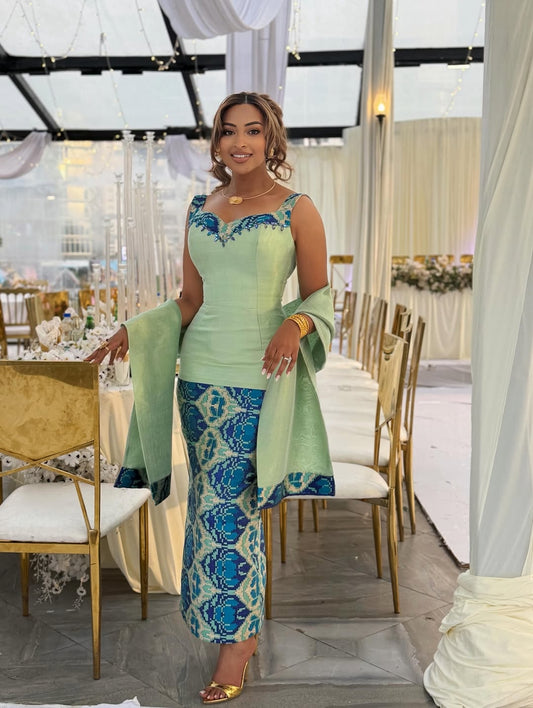 Blue habesha kemis – Ethiopian traditional Dress with mermaid style for Galas