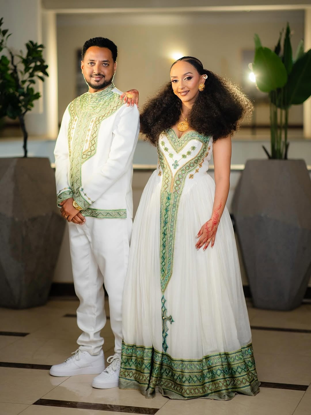 Green Habesha Couple Matching Set – Traditional Ethiopian Outfit for Cultural Celebrations