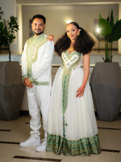 Green Habesha Couple Matching Set – Traditional Ethiopian Outfit for Cultural Celebrations