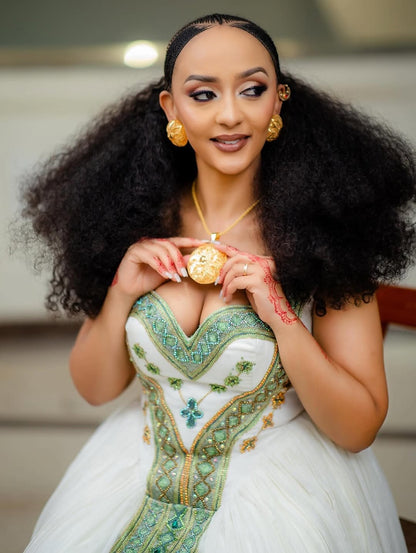 Green Habesha Couple Matching Set – Traditional Ethiopian Outfit for Cultural Celebrations