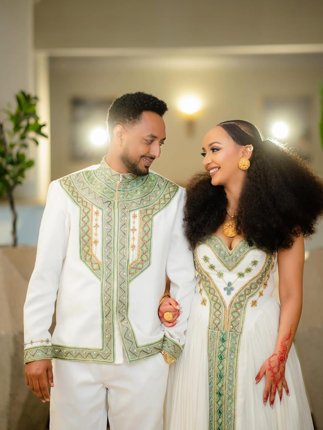 Green Habesha Couple Matching Set – Traditional Ethiopian Outfit for Cultural Celebrations