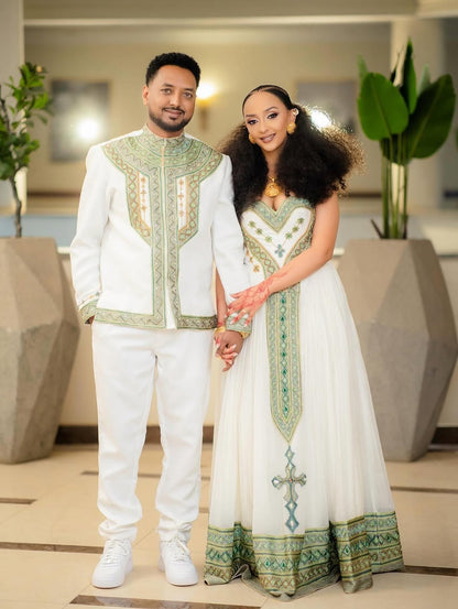 Green Habesha Couple Matching Set – Traditional Ethiopian Outfit for Cultural Celebrations