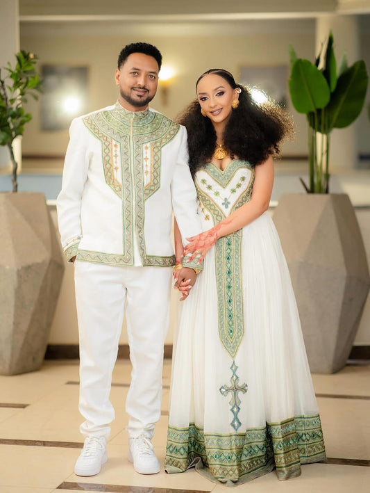 Green Habesha Couple Matching Set – Traditional Ethiopian Outfit for Cultural Celebrations