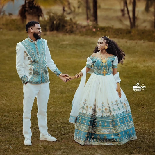 Blue Habesha Couple Wedding Set – Matching Ethiopian Traditional Wedding Outfits for Bride and Groom with Elegant Tibeb Design