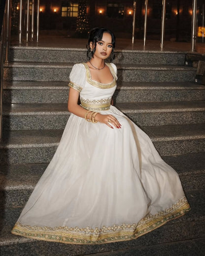 Women's Gold Modern Cotton habesha Dress for Genna | Traditional Ethiopian Dress with Tibeb Border