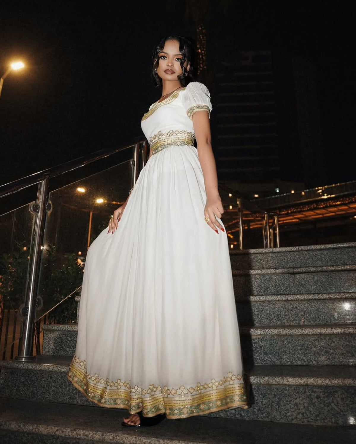 Women's Gold Modern Cotton habesha Dress for Genna | Traditional Ethiopian Dress with Tibeb Border