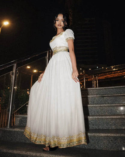Women's Gold Modern Cotton habesha Dress for Genna | Traditional Ethiopian Dress with Tibeb Border