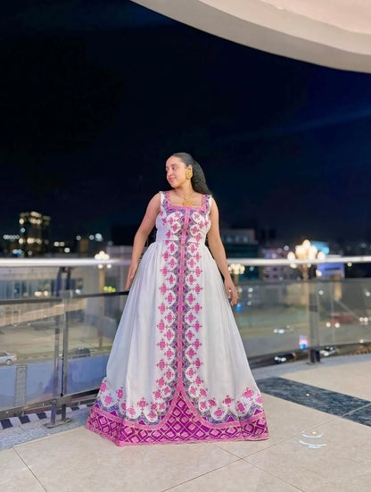 Pink Habesha Kemis – Traditional Ethiopian Dress with Handwoven Borders