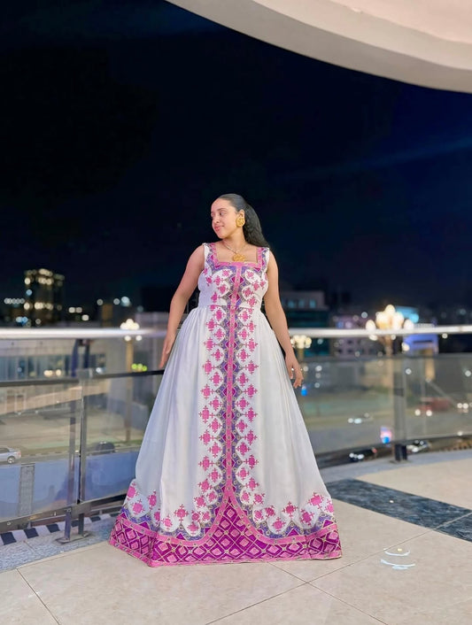 Pink Habesha Kemis – Traditional Ethiopian Dress with Handwoven Borders