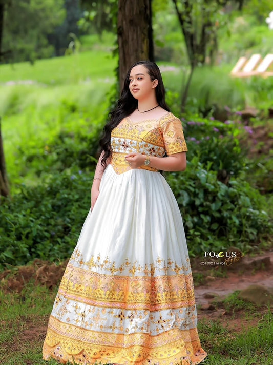 Gold Habesha Wedding Dress – Luxurious Ethiopian Bridal Kemis with Elegant Traditional Design for Weddings and Cultural Ceremonies