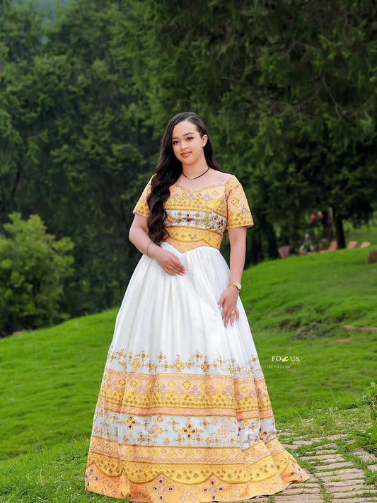 Gold Habesha Wedding Dress – Luxurious Ethiopian Bridal Kemis with Elegant Traditional Design for Weddings and Cultural Ceremonies