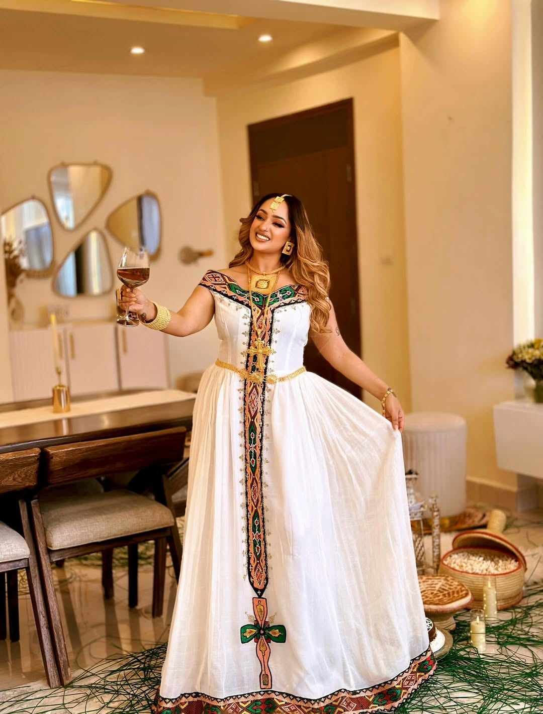 Luxury V-Neck Habesha Kemis with Multicolor Geometric Tilet Design