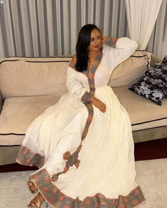 Grey Habesha Kemis Cotton Modest Long Sleeve Tibeb for Church