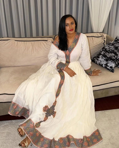Grey Habesha Kemis Cotton Modest Long Sleeve Tibeb for Church