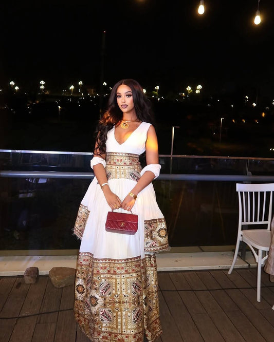 Gold Ethiopian Dress Cotton Bold Tibeb Embroidery for Cultural Events