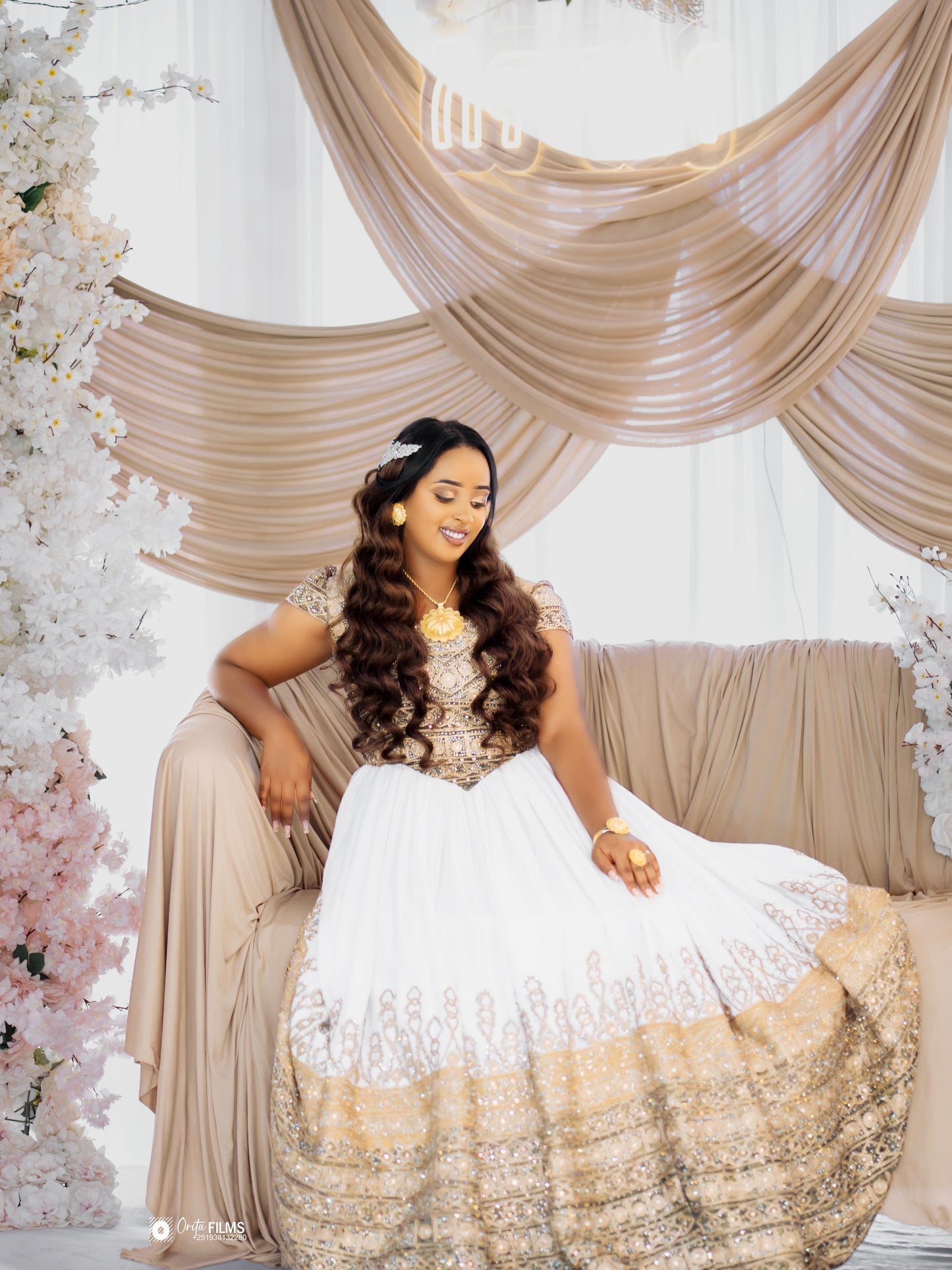 Gold Ethiopian Dress Cotton Blend Eritrean Embroidery for Weddings