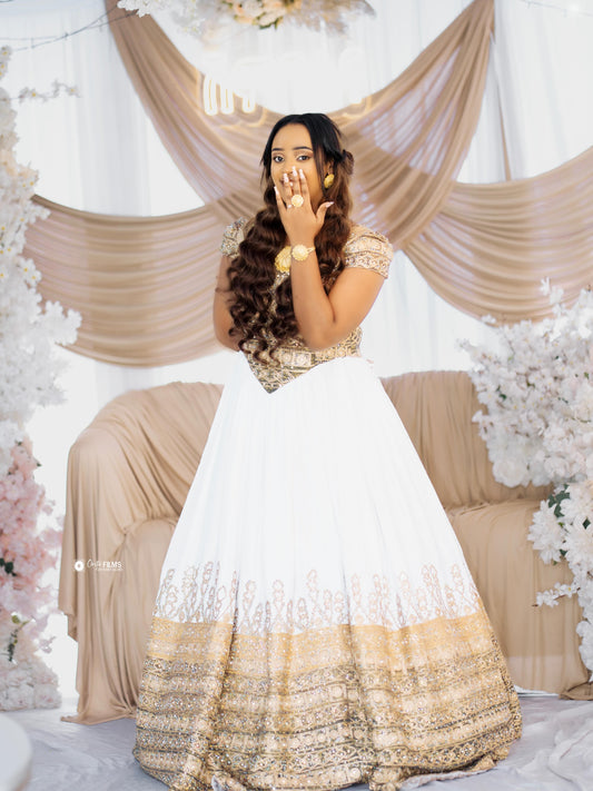 Gold Ethiopian Dress Cotton Blend Eritrean Embroidery for Weddings