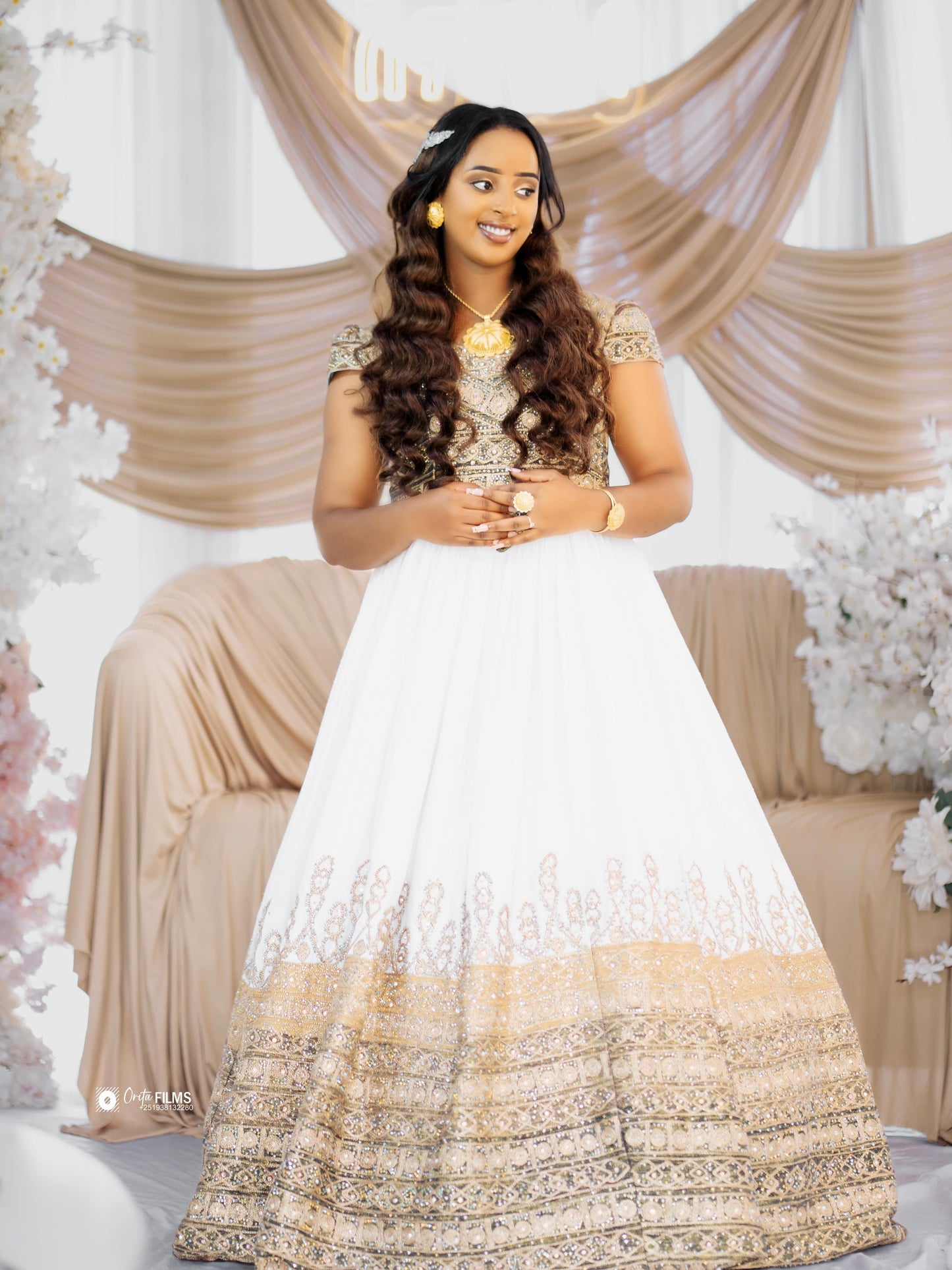 Gold Ethiopian Dress Cotton Blend Eritrean Embroidery for Weddings