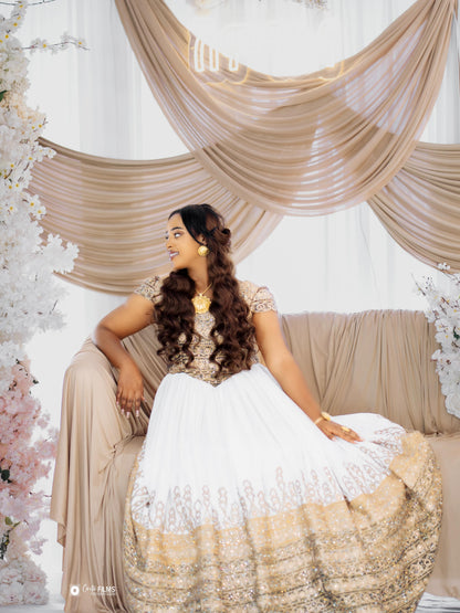 Gold Ethiopian Dress Cotton Blend Eritrean Embroidery for Weddings